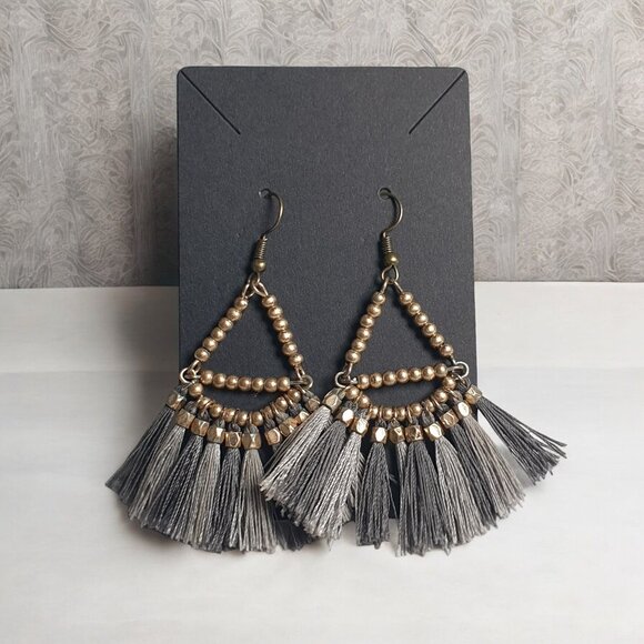 Beaded Tassel Triangle Dangle Earrings With Gray Gold Accents Fringe Boho Bali - Picture 1 of 3